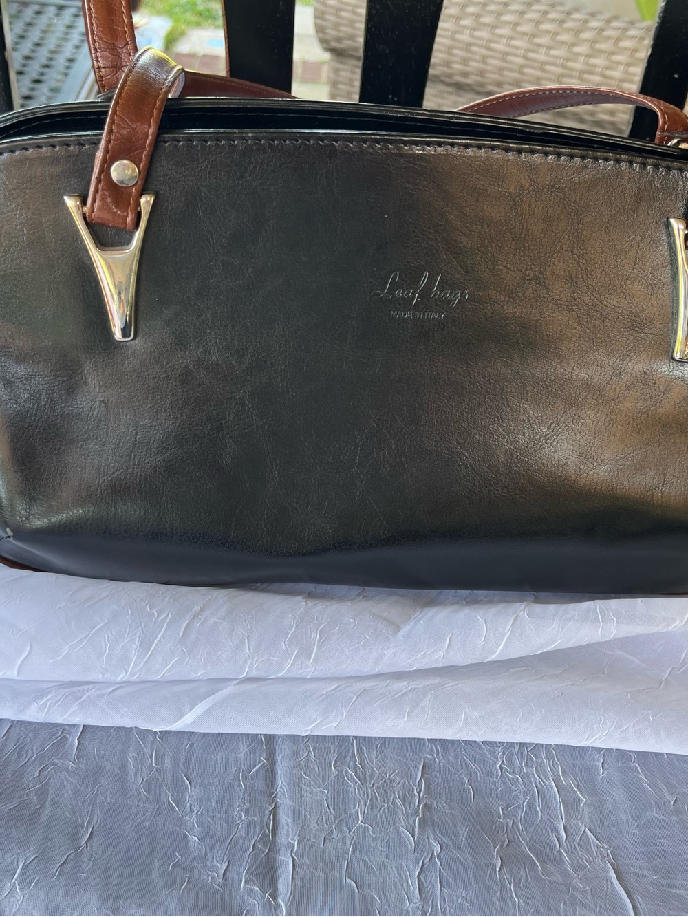 Vintage Leaf Bags Black Leather Satchel with Brown Handles Made in Italy